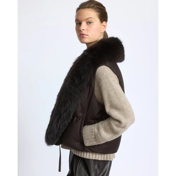 Yves Salomon Flannel Sleeveless Gilet with Detachable Fox Fur Collar in Brown | Vests | Coveti