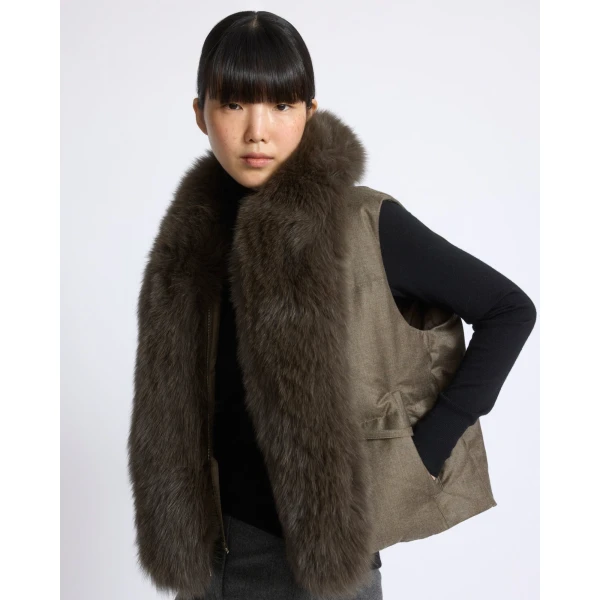 Yves Salomon Flannel Sleeveless Gilet with Detachable Fox Fur Collar in Brown | Vests | Coveti