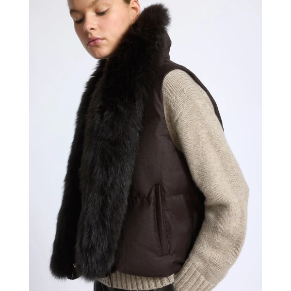 Yves Salomon Flannel Sleeveless Gilet with Detachable Fox Fur Collar in Brown | Vests | Coveti