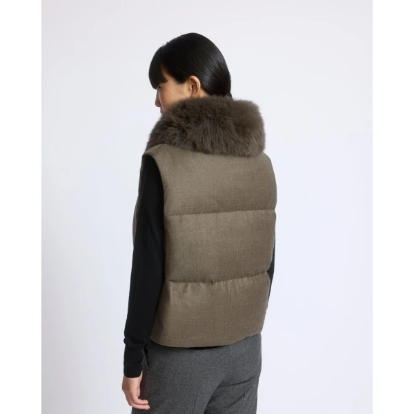 Yves Salomon Flannel Sleeveless Gilet with Detachable Fox Fur Collar in Brown | Vests | Coveti