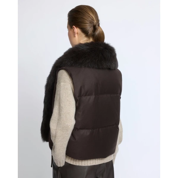 Yves Salomon Flannel Sleeveless Gilet with Detachable Fox Fur Collar in Brown | Vests | Coveti