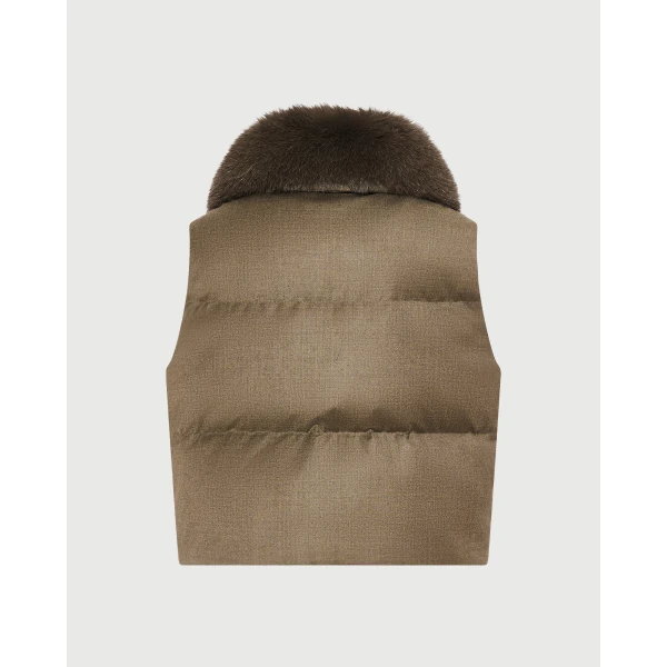 Yves Salomon Flannel Sleeveless Gilet with Detachable Fox Fur Collar in Brown | Vests | Coveti