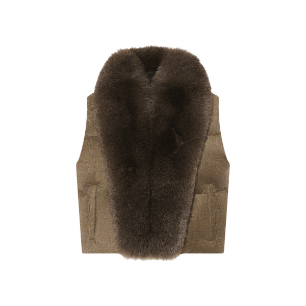 Yves Salomon Flannel Sleeveless Gilet with Detachable Fox Fur Collar in Brown | Vests | Coveti