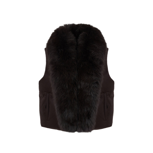 Yves Salomon Flannel Sleeveless Gilet with Detachable Fox Fur Collar in Brown | Vests | Coveti