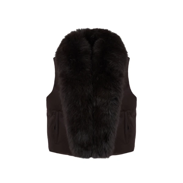Yves Salomon Flannel Sleeveless Gilet with Detachable Fox Fur Collar in Brown | Vests | Coveti