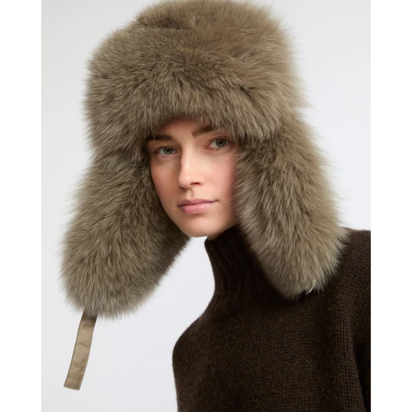 Yves Salomon Flannel and Fox Fur Ushanka in Beige | Hats | Coveti