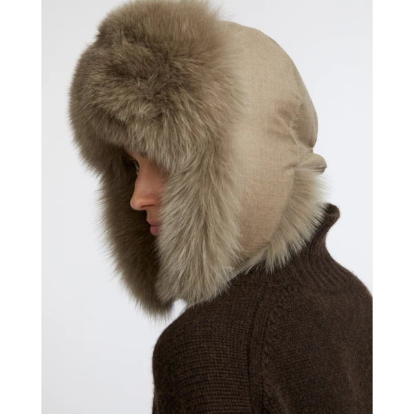 Yves Salomon Flannel and Fox Fur Ushanka in Beige | Hats | Coveti