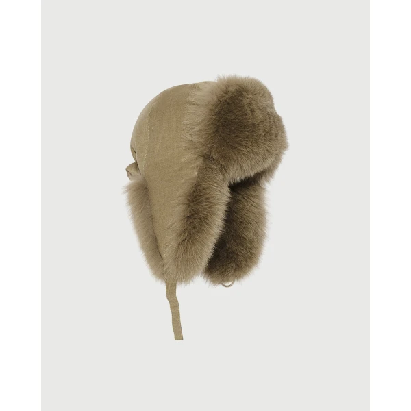 Yves Salomon Flannel and Fox Fur Ushanka in Beige | Hats | Coveti