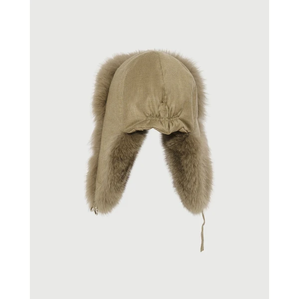 Yves Salomon Flannel and Fox Fur Ushanka in Beige | Hats | Coveti