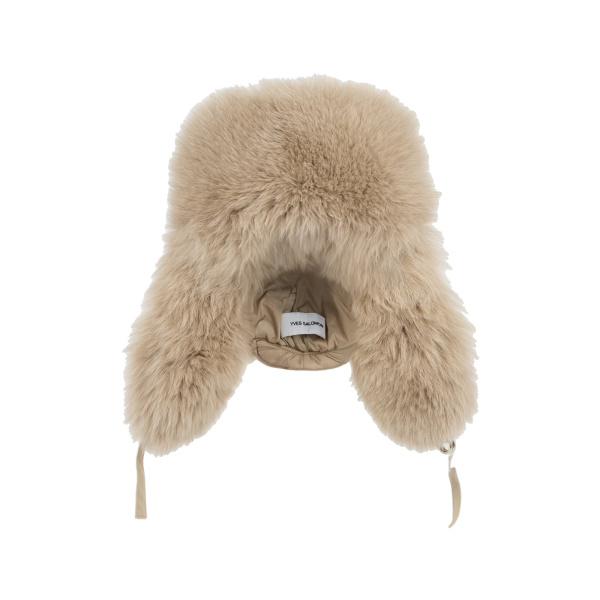 Yves Salomon Flannel and Fox Fur Ushanka in Beige | Hats | Coveti