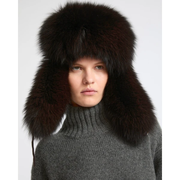 Yves Salomon Flannel and Fox Fur Ushanka in Brown | Hats | Coveti