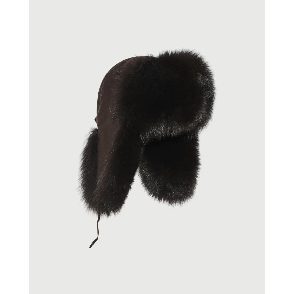 Yves Salomon Flannel and Fox Fur Ushanka in Brown | Hats | Coveti