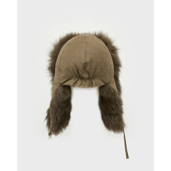 Yves Salomon Flannel and Fox Fur Ushanka in Brown | Hats | Coveti