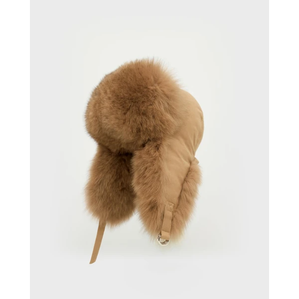 Yves Salomon Flannel and Fox Fur Ushanka in Camel | Hats | Coveti