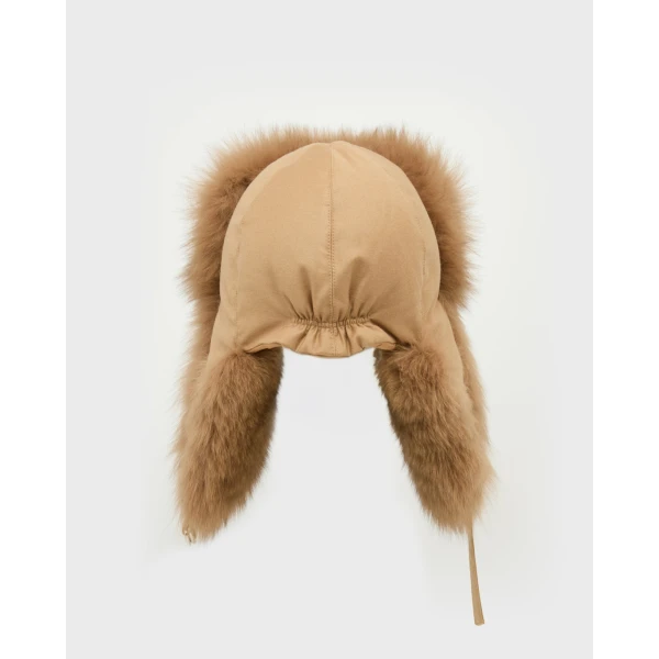Yves Salomon Flannel and Fox Fur Ushanka in Camel | Hats | Coveti