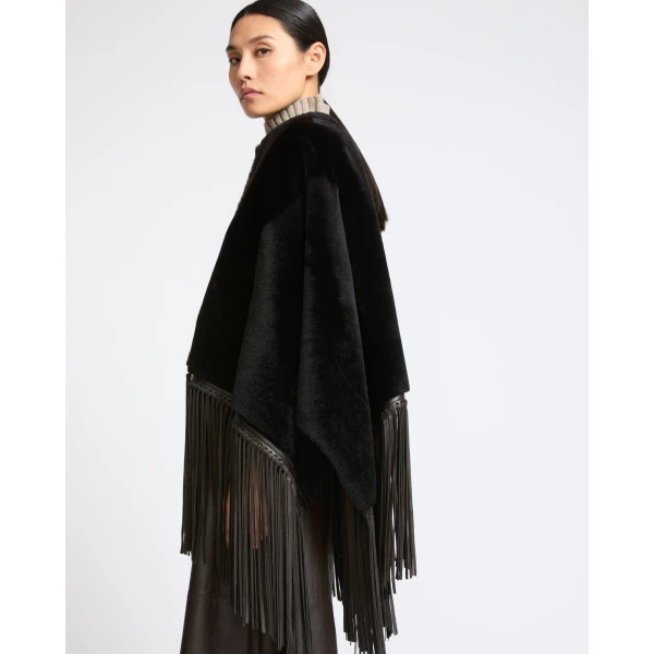 Yves Salomon Fringed Lambskin Shearling Cape in Brown | Shearling Coat | Coveti
