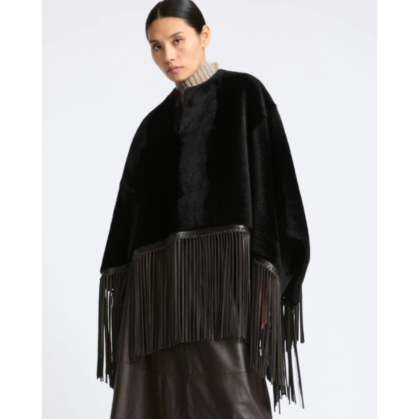Yves Salomon Fringed Lambskin Shearling Cape in Brown | Shearling Coat | Coveti