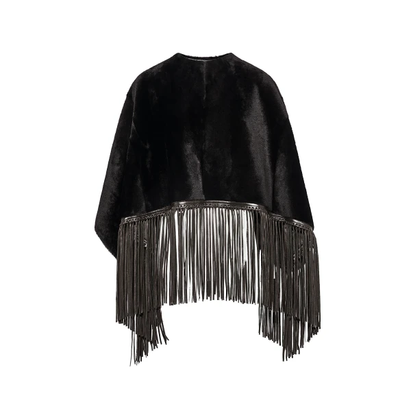 Fringed Lambskin Shearling Cape in Brown