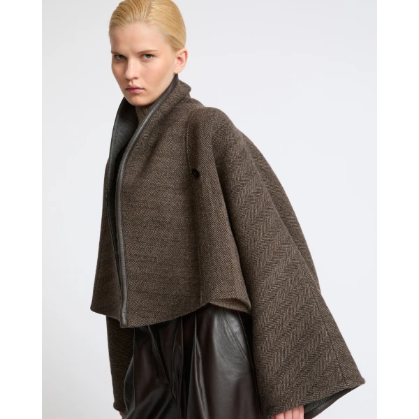 Yves Salomon Herringbone Double-Sided Wool Cape in Taupe | Wool Coat | Coveti