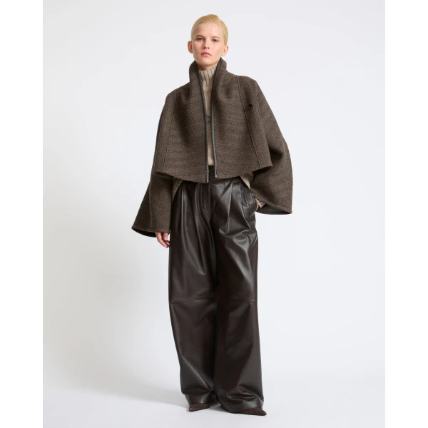 Yves Salomon Herringbone Double-Sided Wool Cape in Taupe | Wool Coat | Coveti