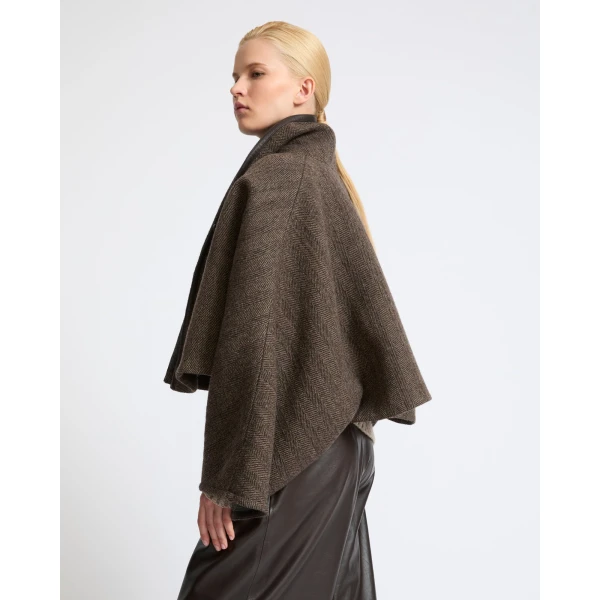 Yves Salomon Herringbone Double-Sided Wool Cape in Taupe | Wool Coat | Coveti