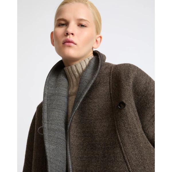 Yves Salomon Herringbone Double-Sided Wool Cape in Taupe | Wool Coat | Coveti