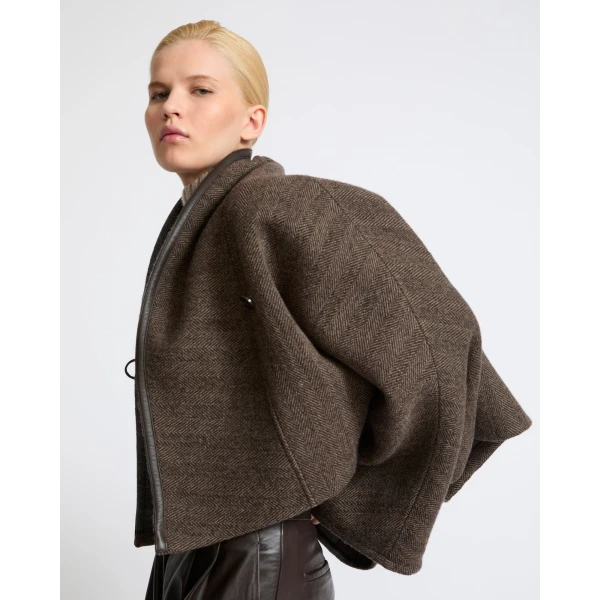 Yves Salomon Herringbone Double-Sided Wool Cape in Taupe | Wool Coat | Coveti