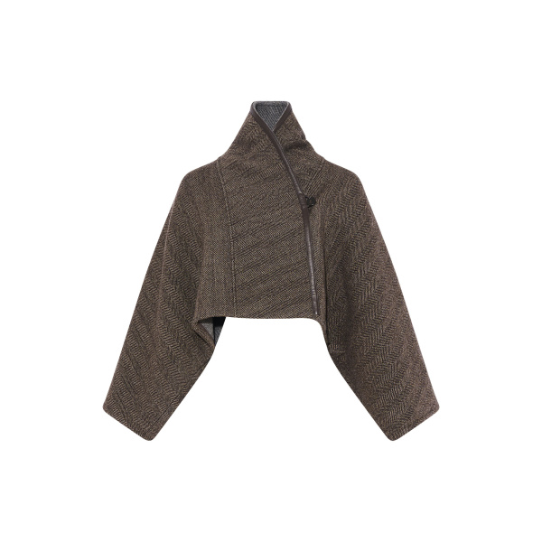 Yves Salomon Herringbone Double-Sided Wool Cape in Taupe | Wool Coat | Coveti