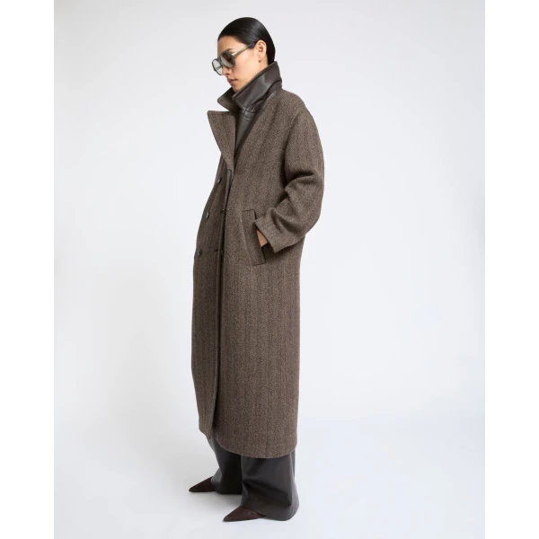 Yves Salomon Herringbone Double-Sided Wool Coat in Taupe | Wool Coat | Coveti