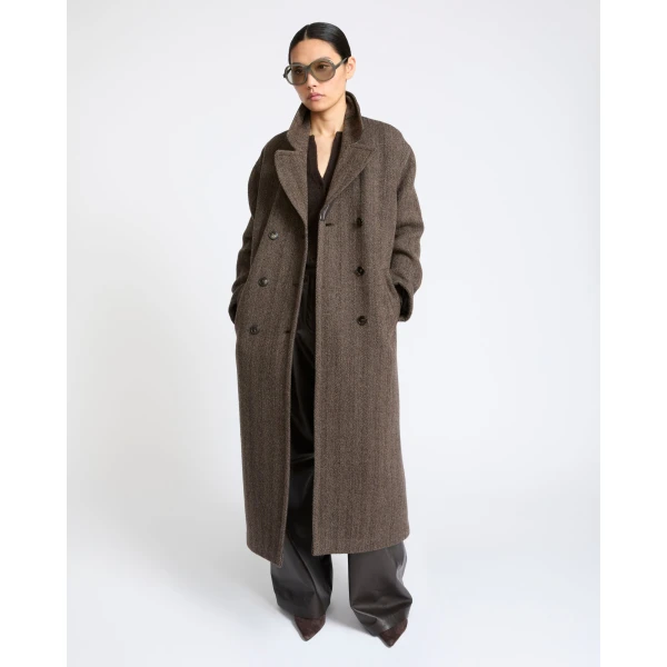 Yves Salomon Herringbone Double-Sided Wool Coat in Taupe | Wool Coat | Coveti