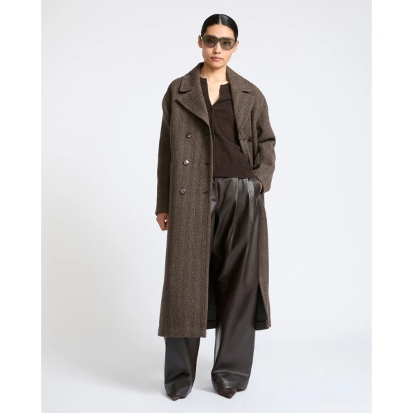 Yves Salomon Herringbone Double-Sided Wool Coat in Taupe | Wool Coat | Coveti