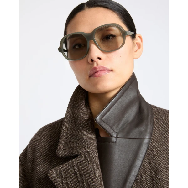 Yves Salomon Herringbone Double-Sided Wool Coat in Taupe | Wool Coat | Coveti