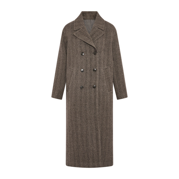 Yves Salomon Herringbone Double-Sided Wool Coat in Taupe | Wool Coat | Coveti