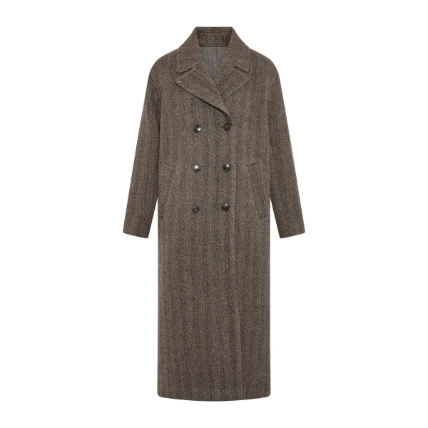 Yves Salomon Herringbone Double-Sided Wool Coat in Taupe | Wool Coat | Coveti