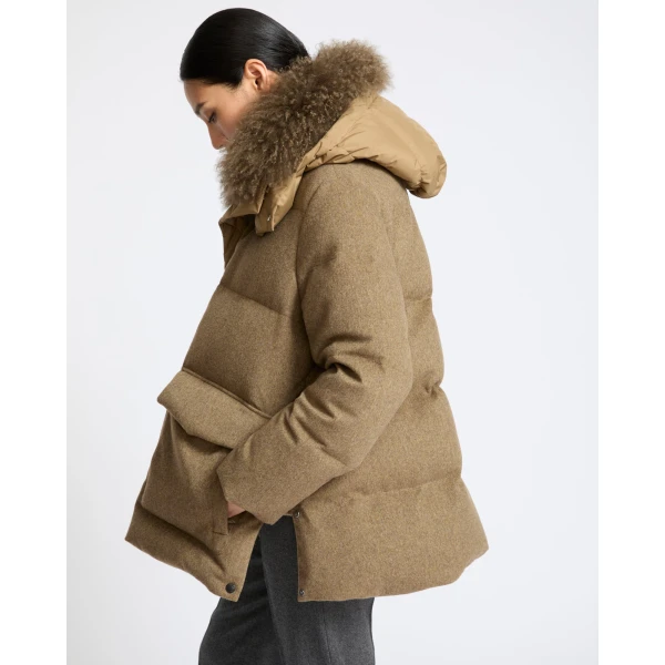 Yves Salomon Hooded Cashmere Down Jacket with Long Curly Lambskin Trim in Green | Coats | Coveti