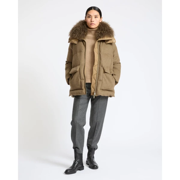 Yves Salomon Hooded Cashmere Down Jacket with Long Curly Lambskin Trim in Green | Coats | Coveti