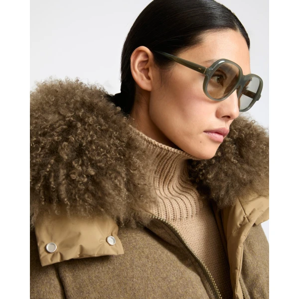 Yves Salomon Hooded Cashmere Down Jacket with Long Curly Lambskin Trim in Green | Coats | Coveti