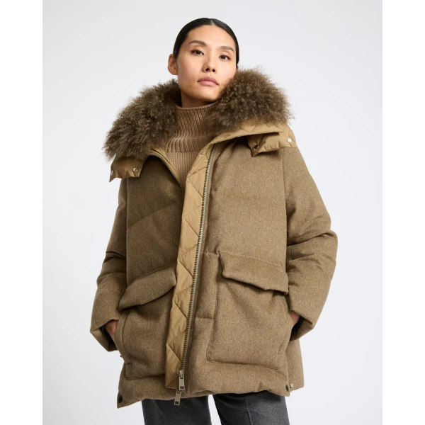 Yves Salomon Hooded Cashmere Down Jacket with Long Curly Lambskin Trim in Green | Coats | Coveti