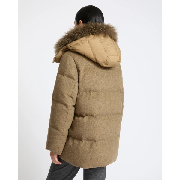 Yves Salomon Hooded Cashmere Down Jacket with Long Curly Lambskin Trim in Green | Coats | Coveti