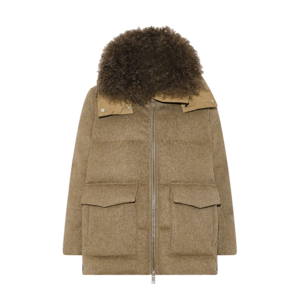 Yves Salomon Hooded Cashmere Down Jacket with Long Curly Lambskin Trim in Green | Coats | Coveti