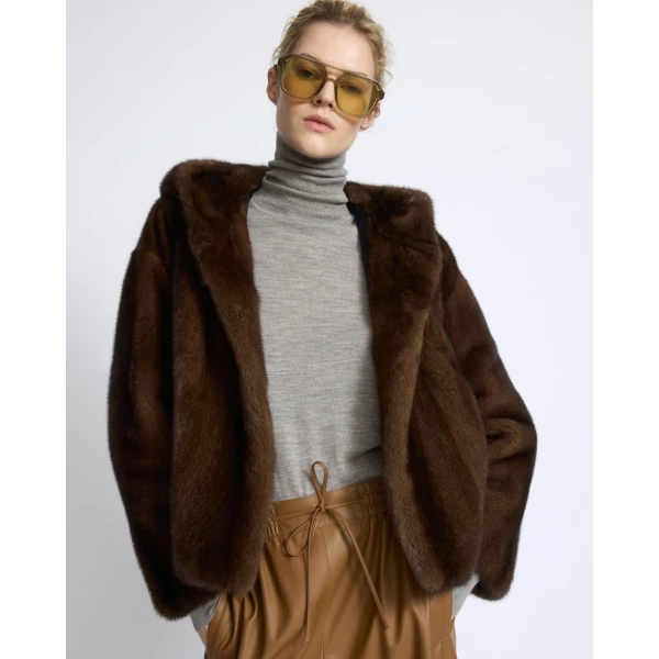 Yves Salomon Hooded Jacket in Long-Haired Mink Fur in Brown | Mink Jacket | Coveti