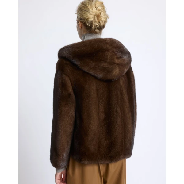Yves Salomon Hooded Jacket in Long-Haired Mink Fur in Brown | Mink Jacket | Coveti