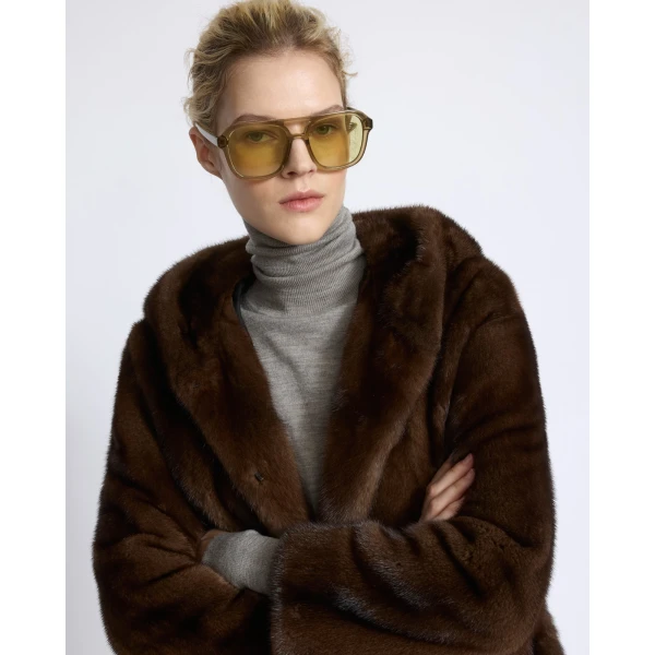 Yves Salomon Hooded Jacket in Long-Haired Mink Fur in Brown | Mink Jacket | Coveti
