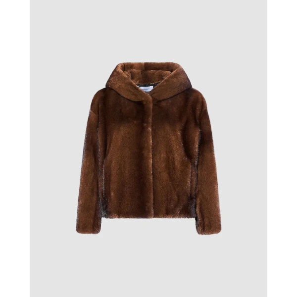 Yves Salomon Hooded Jacket in Long-Haired Mink Fur in Brown | Mink Jacket | Coveti