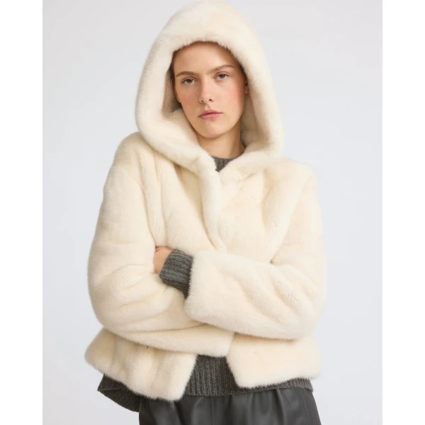 Yves Salomon Hooded Jacket in Long-Haired Mink Fur in White | Mink Jacket | Coveti