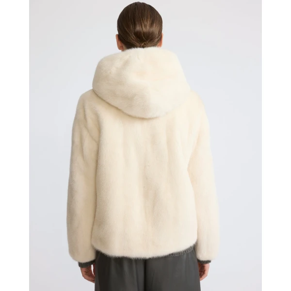 Yves Salomon Hooded Jacket in Long-Haired Mink Fur in White | Mink Jacket | Coveti