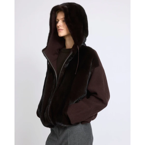 Yves Salomon Hooded Jacket in Mink Fur and Technical Fabric in Brown | Mink Jacket | Coveti