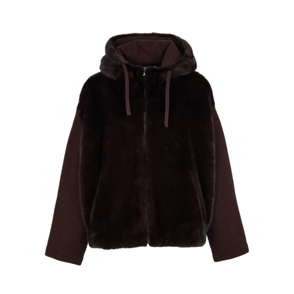 Hooded Jacket in Mink Fur and Technical Fabric in Brown