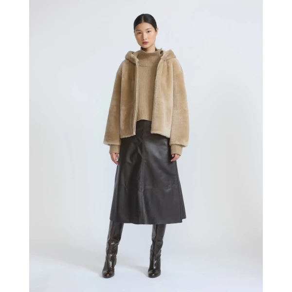 Yves Salomon Hooded Merino Lambskin Shearling Jacket in Beige | Shearling Jackets | Coveti