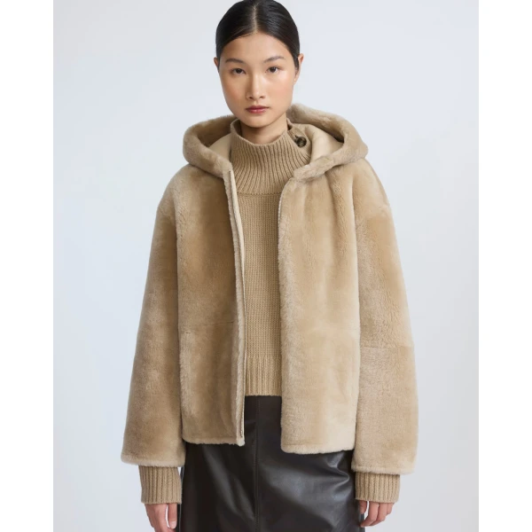 Yves Salomon Hooded Merino Lambskin Shearling Jacket in Beige | Shearling Jackets | Coveti
